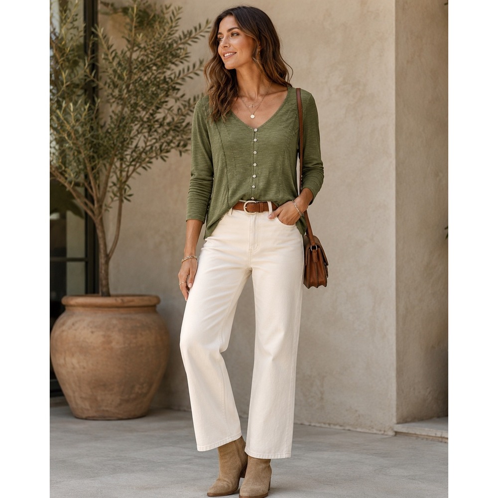 J. Jill Women's Large Olive Green Cotton Slub Button Front Boho Long Sleeve Top